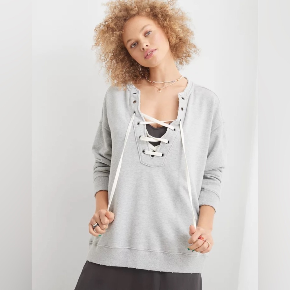 Aerie Lace Up Oversized Crew Sweatshirt Grey Size Small